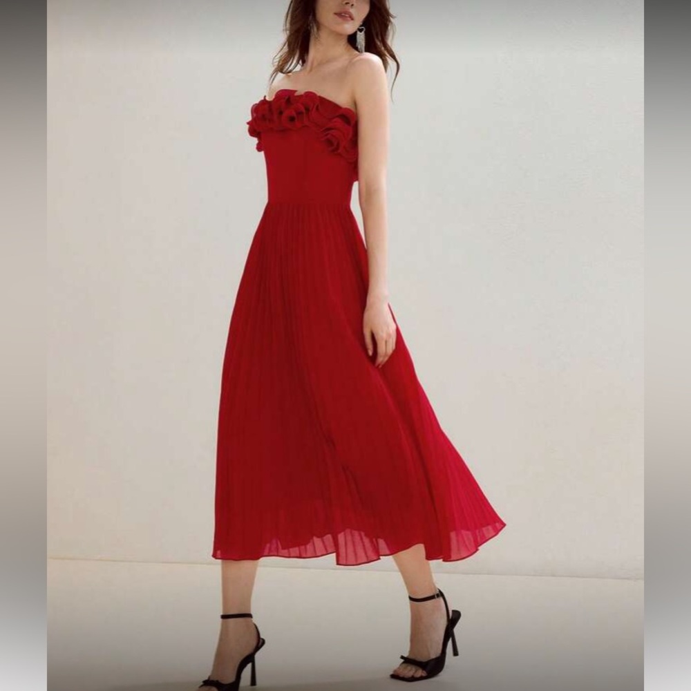 Luxe red ruffled tube  party formal evening sequins gown dress
